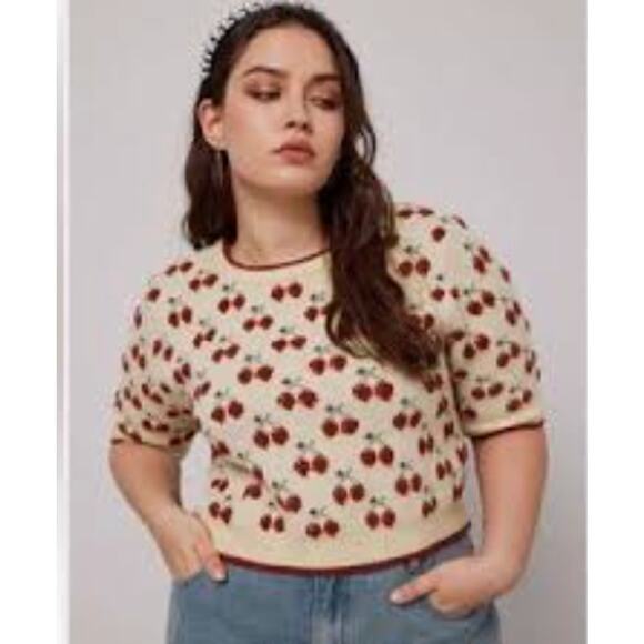 Cider Strawberry Knit Crop Sweater Short Sleeve Cream Red Y2K Cottagecore XL - Picture 1 of 8